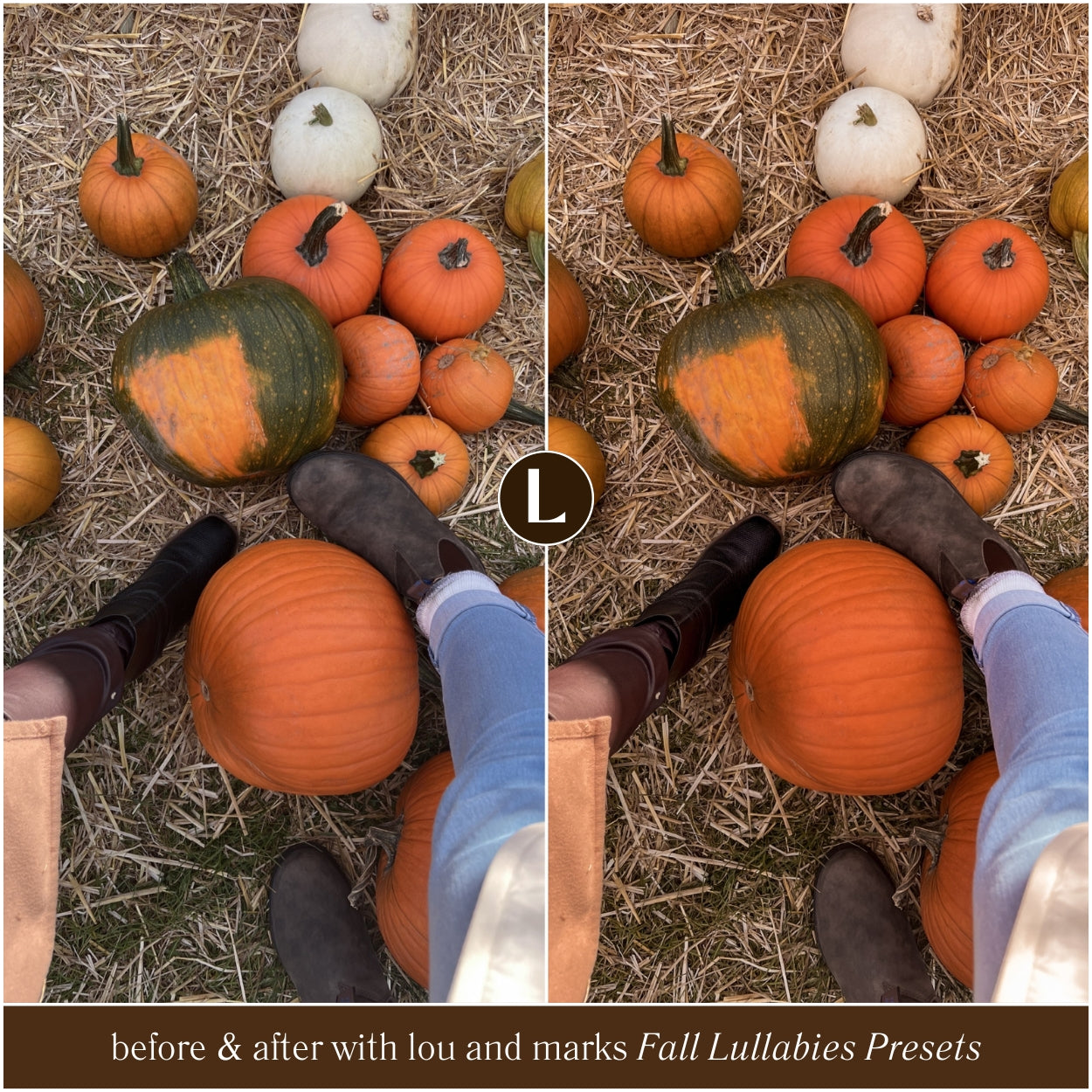 Before and after comparison of pumpkins on straw with feet wearing boots, using Lou and Marks Fall Lullabies Presets.