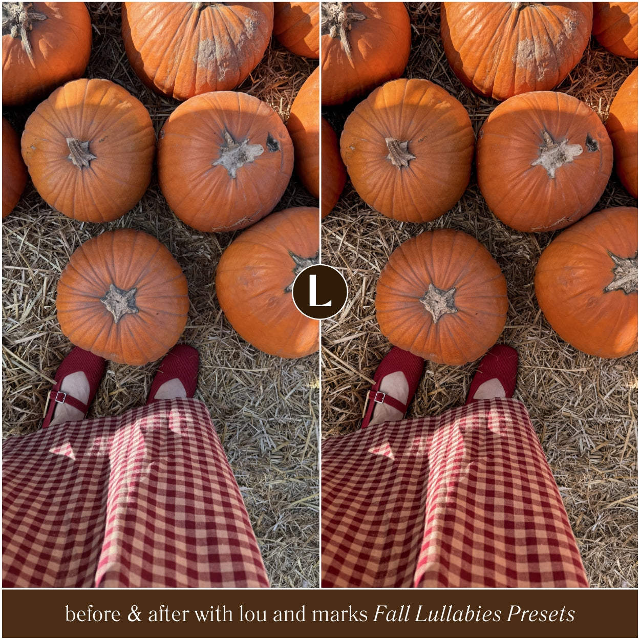 Before and after comparison of pumpkins with a person wearing red shoes and plaid pants edited with Lightroom Presets Fall Lullabies.