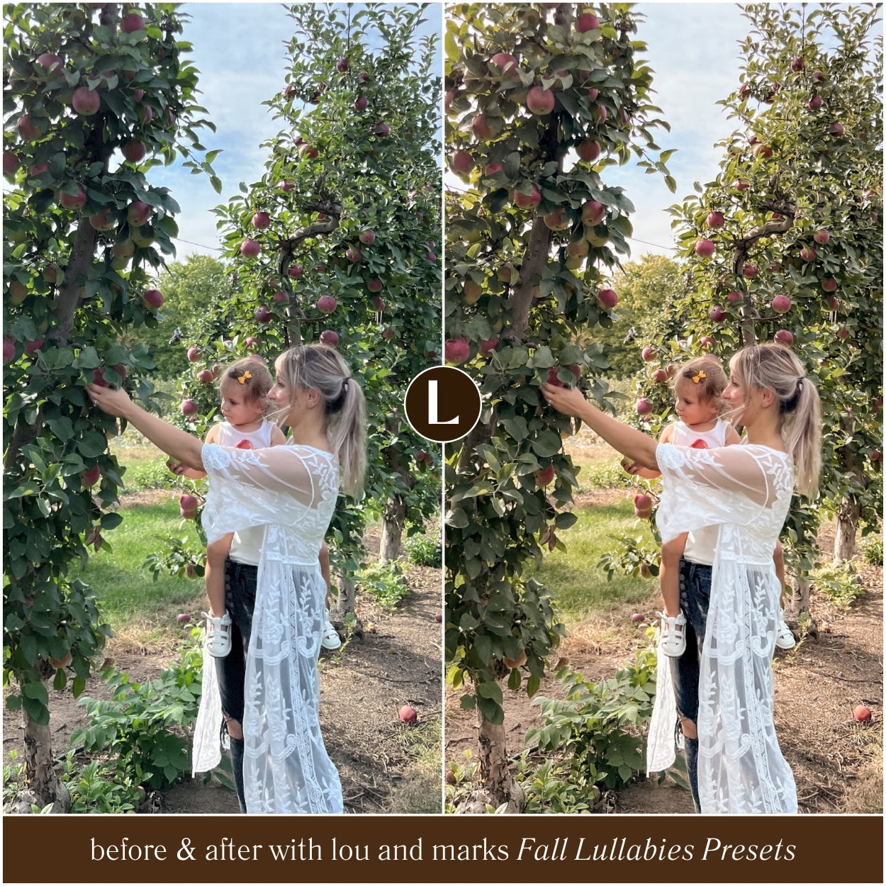 Side-by-side comparison of a woman and child in an apple orchard with text overlay.