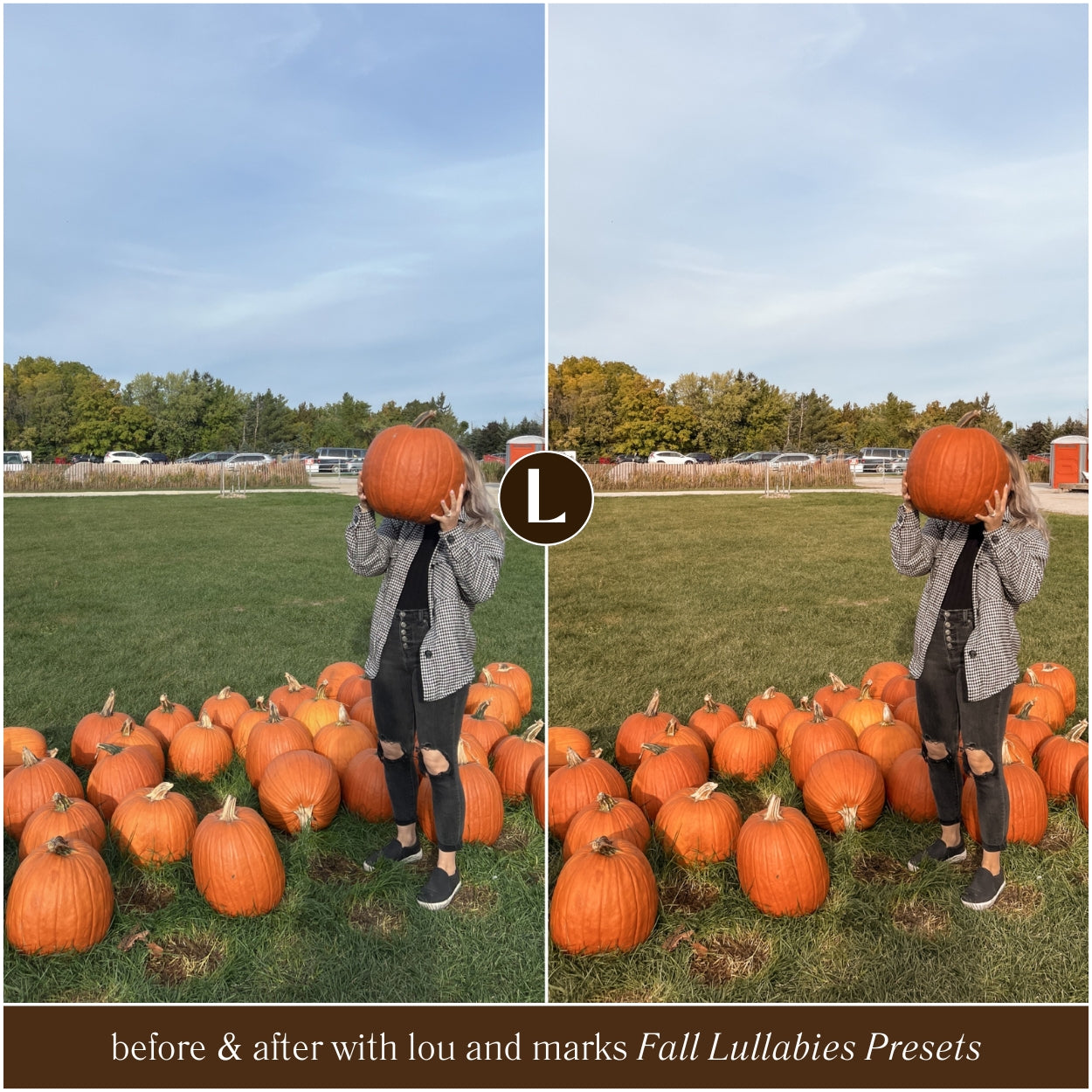 Before and after comparison of a person holding pumpkins in a pumpkin patch with photo editing software.