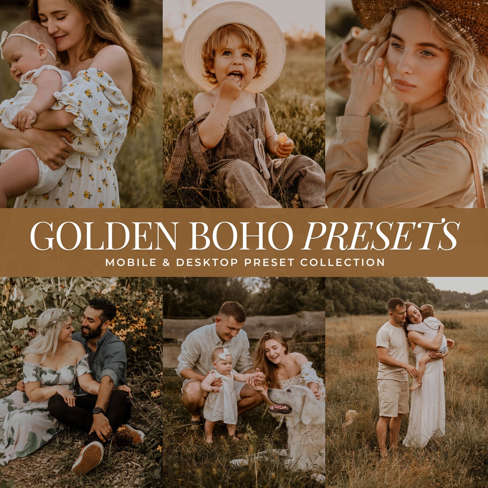 Golden Boho Lightroom presets by Lou & Marks Presets — warm, golden photo filters for mobile & desktop. Perfect for weddings, portraits, Instagram & creators.