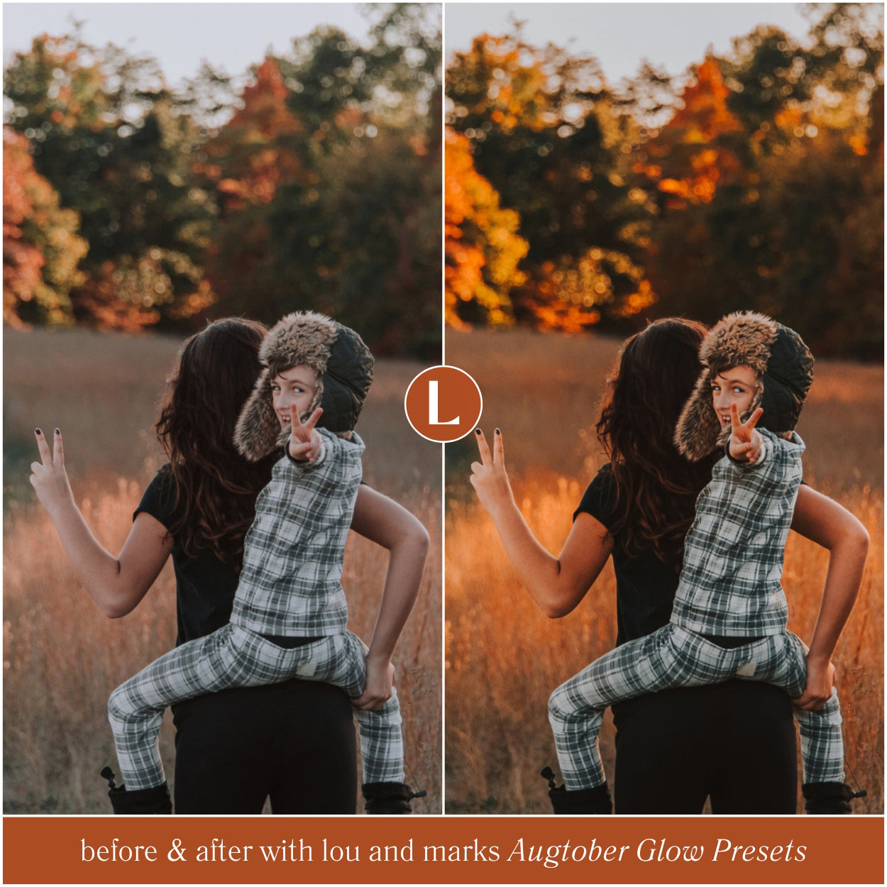 Before and after portrait comparison with autumn foliage, using Lou and Marks Auguster Glow Presets for portrait photographers for fall photos.