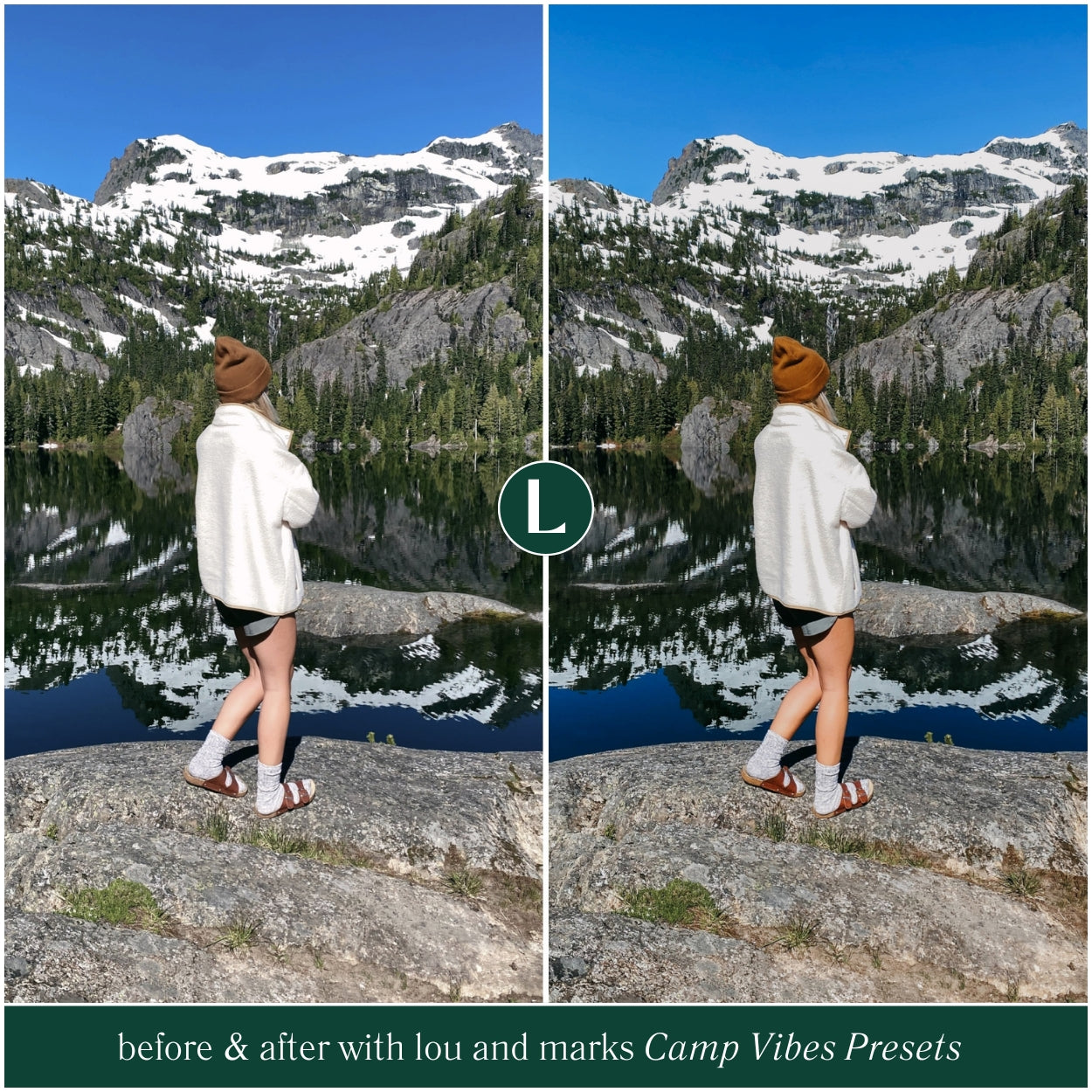 Before and after comparison of a person in a mountainous landscape using Lou and Marks Camp Vibes Presets.