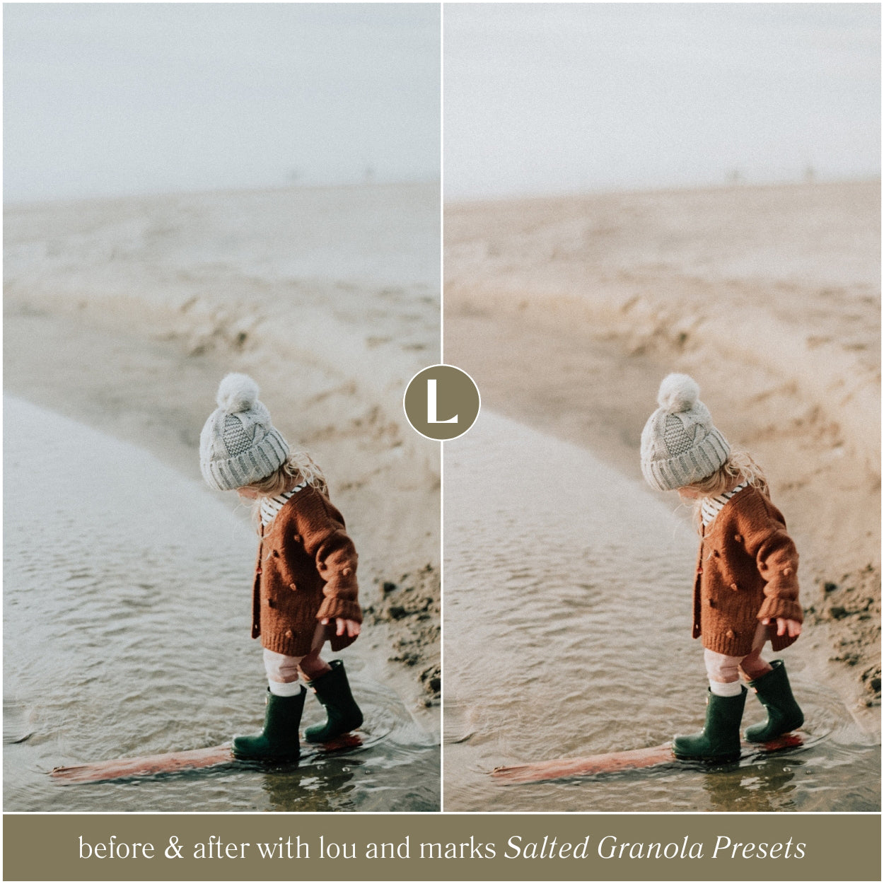 Before and after comparison of a child in portrait edited with Lou and Marks Salted Granola Presets for photographers