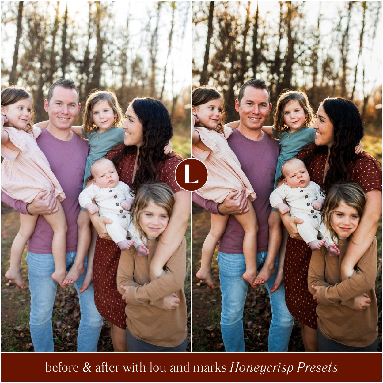 Before and after comparison of a family photo with Lou and Marks Honeycrisp Presets.