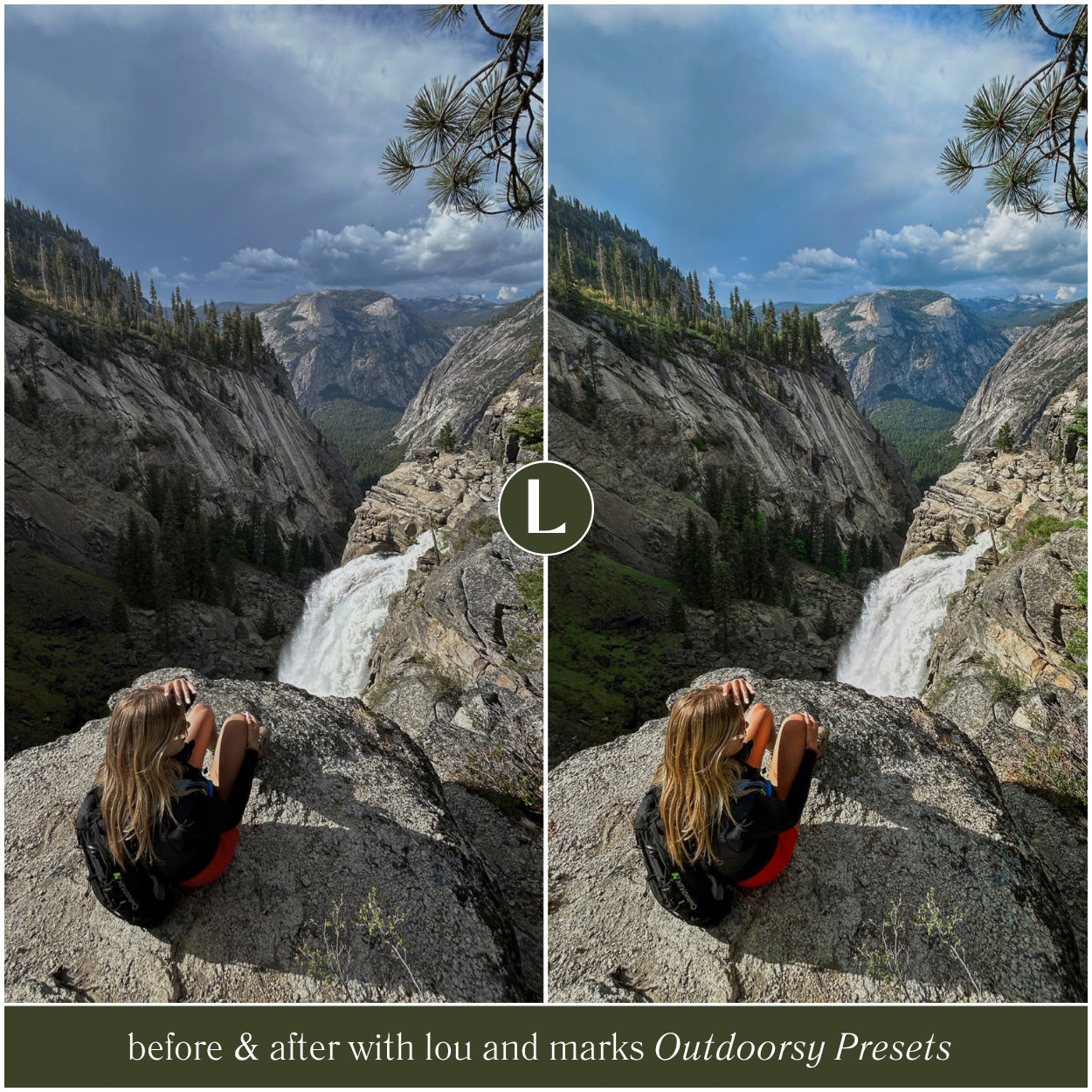 Before and after comparison of a person sitting on a rock with a waterfall and mountains in the background, using Lou and Marks Outdoorsy Presets.