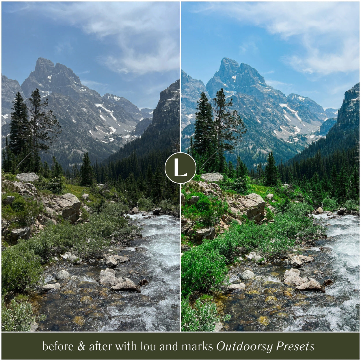Before and after comparison of a mountain landscape with a river using Outdoorsy Presets.