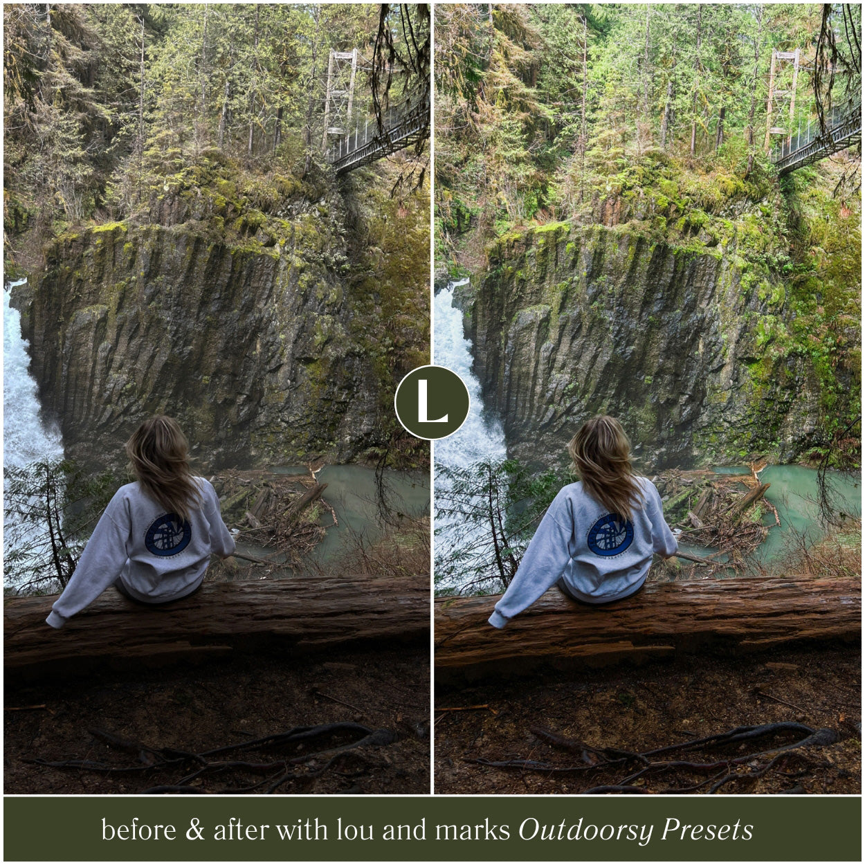Before and after comparison of a person sitting on a log by a waterfall with Outdoorsy Presets.