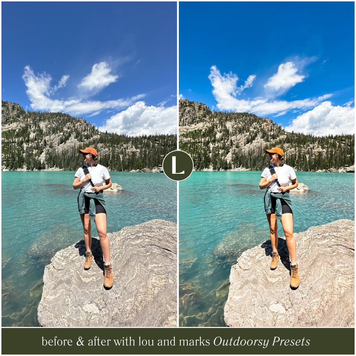 Before and after comparison of a person by a lake with 'Lou and Marks Outdoorsy Presets' applied.