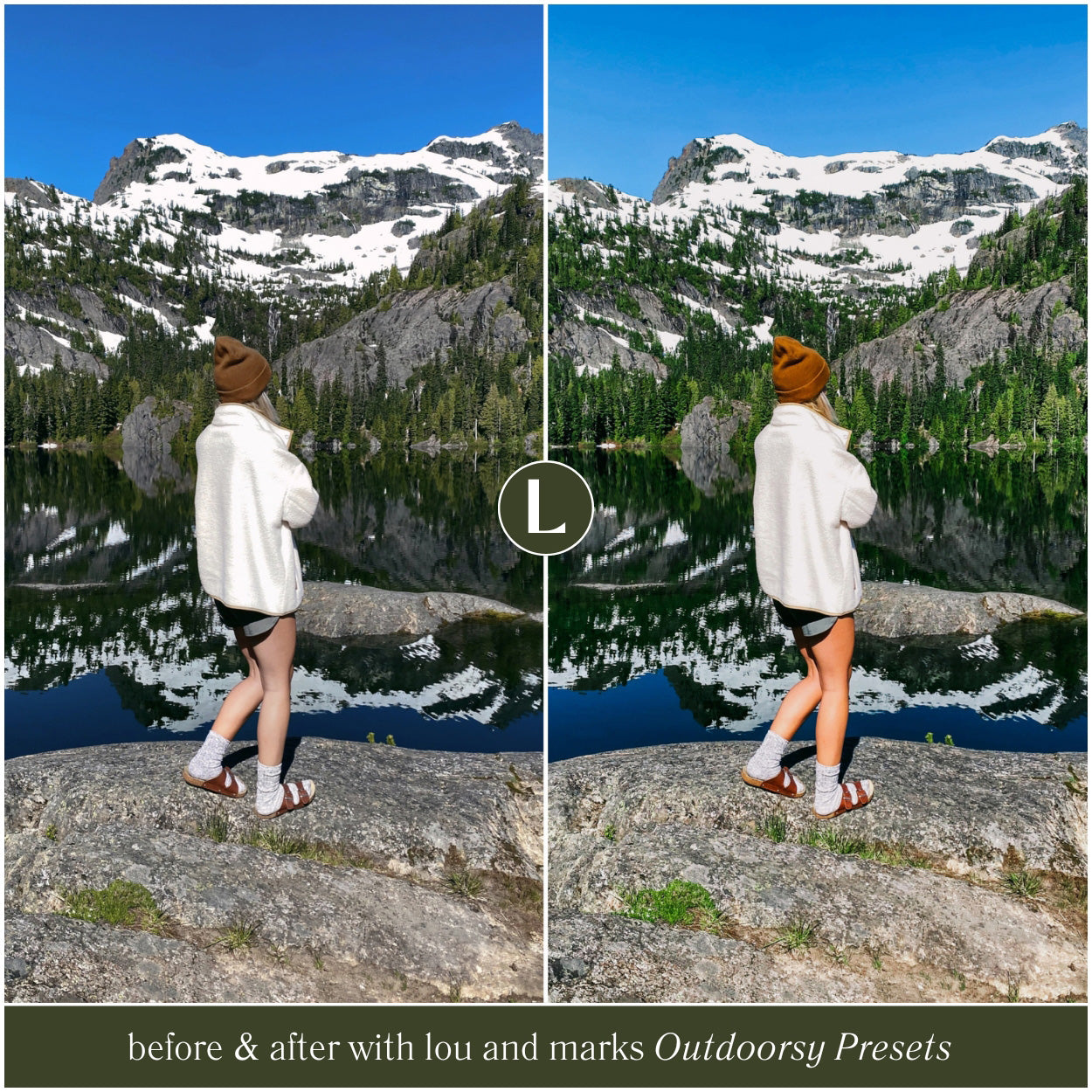 Before and after comparison of a person in a mountainous landscape using Outdoorsy Presets.