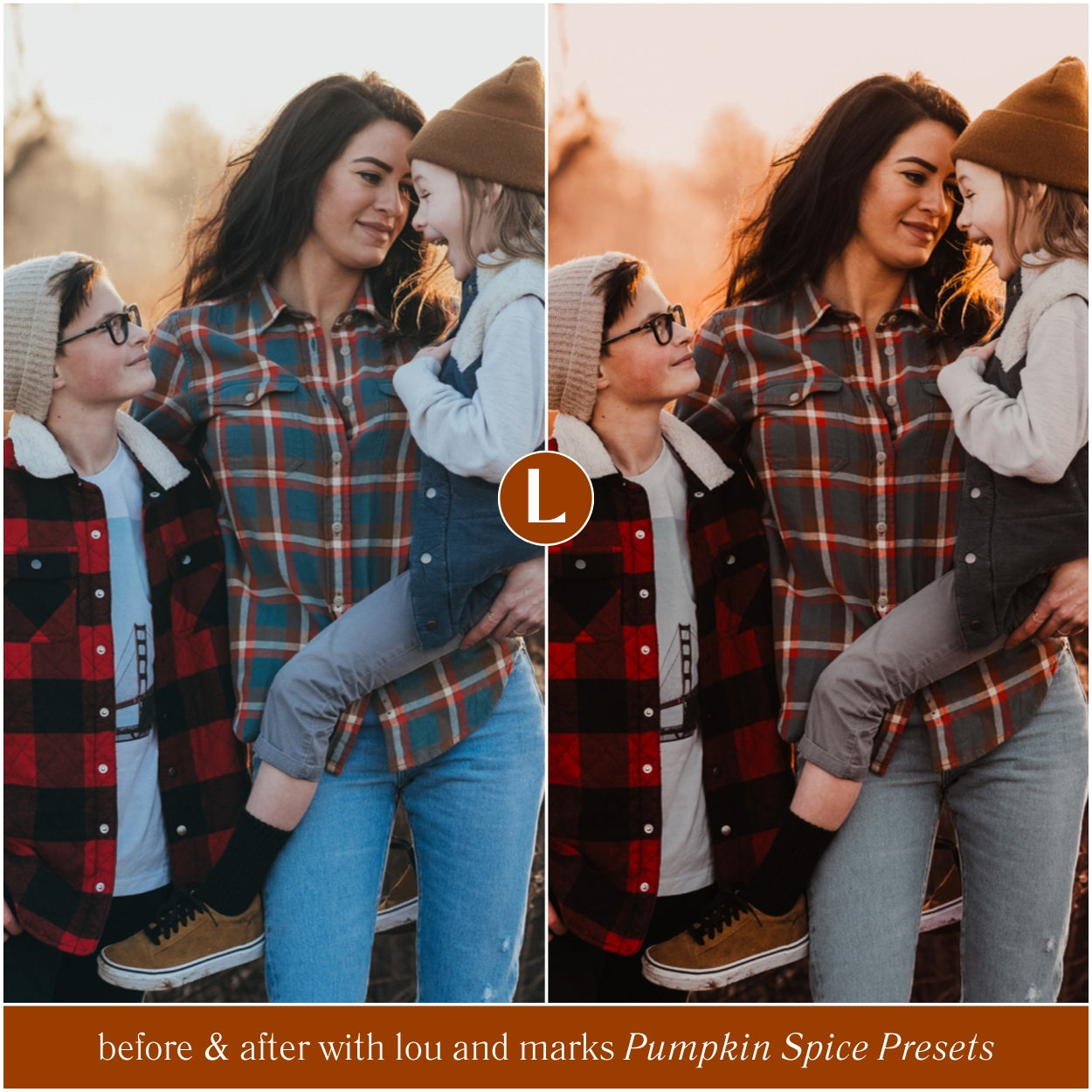 Before and after family photo edited with Lou And Marks Fall Pumpkin Spice Lightroom Presets