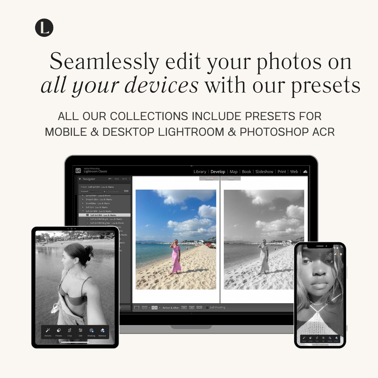 Mobile Soft Black And White Lightroom Presets For Adobe Photo Editing by Lightroom Mobile and Desktop create photo aesthetic photo edits for lifestyle and Instagram by Lou And Marks Presets