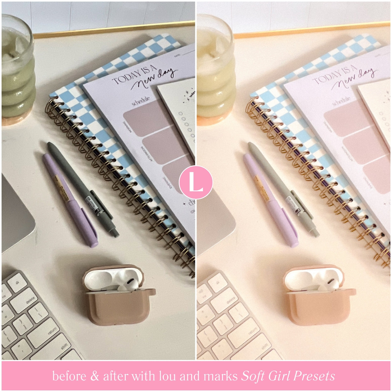 Flat Lay Soft Girl Lightroom Presets For Adobe Photo Editing by Lightroom Mobile and Desktop create photo aesthetic photo edits for lifestyle and Instagram by Lou And Marks Presets