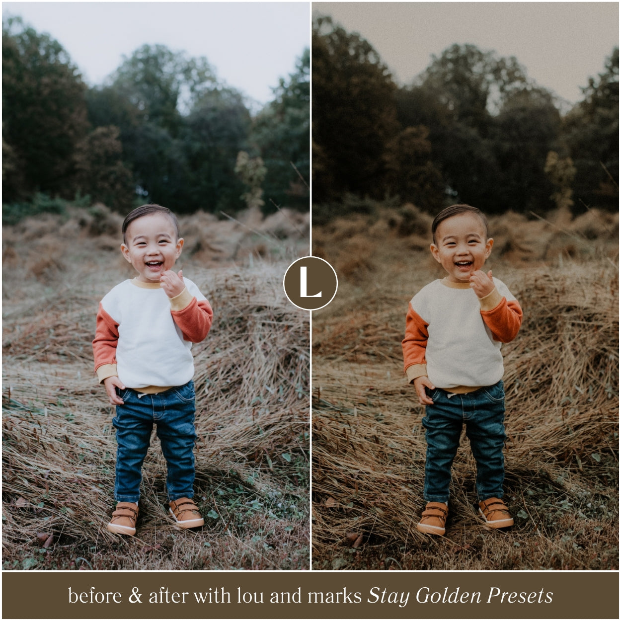 Before and after editing portrait photography with Stay Golden Lightroom Presets For Fall