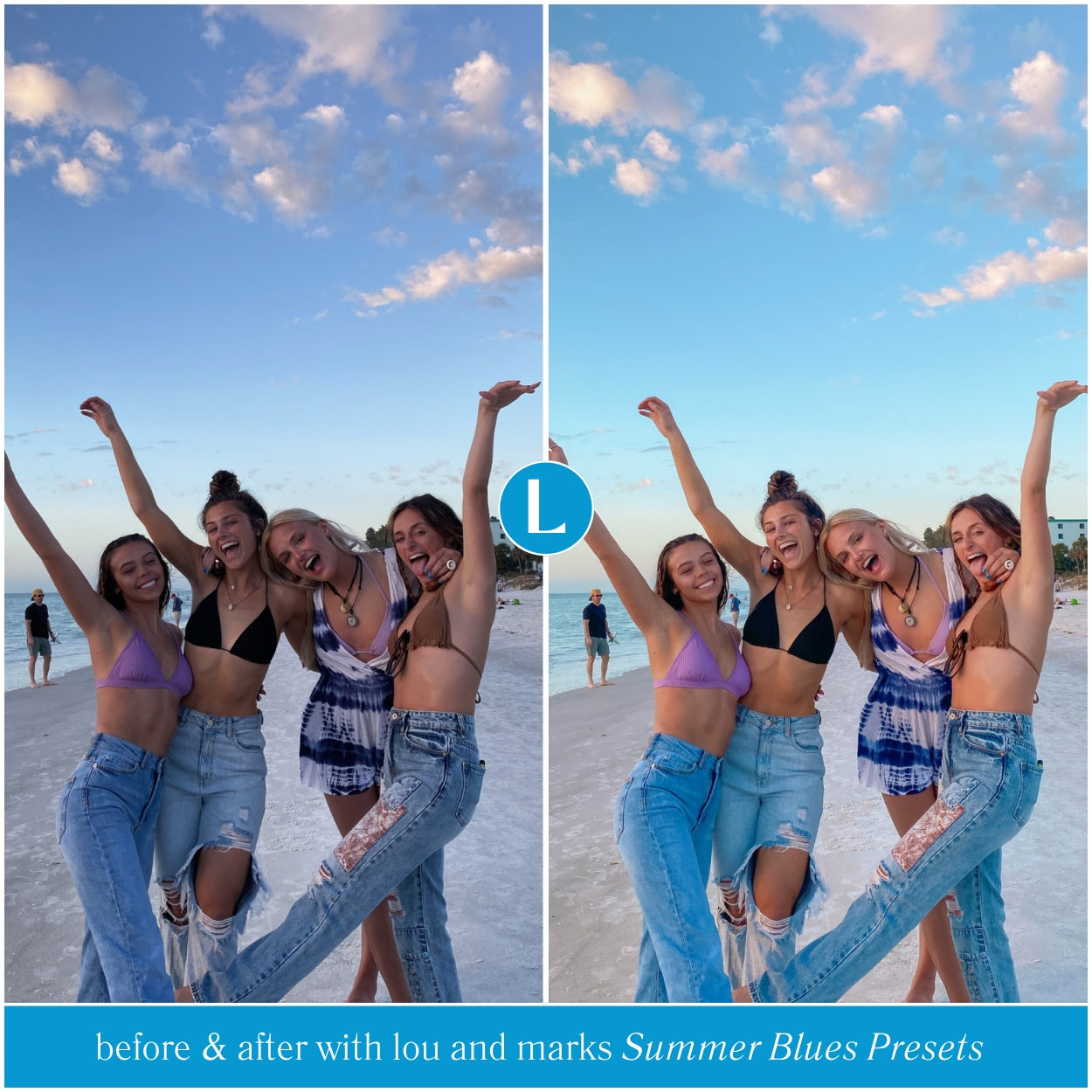 Influencer Summer Blues Lightroom Presets For Adobe Photo Editing by Lightroom Mobile and Desktop create trendy film photo edits for travel lifestyle and Instagram by Lou And Marks Presets