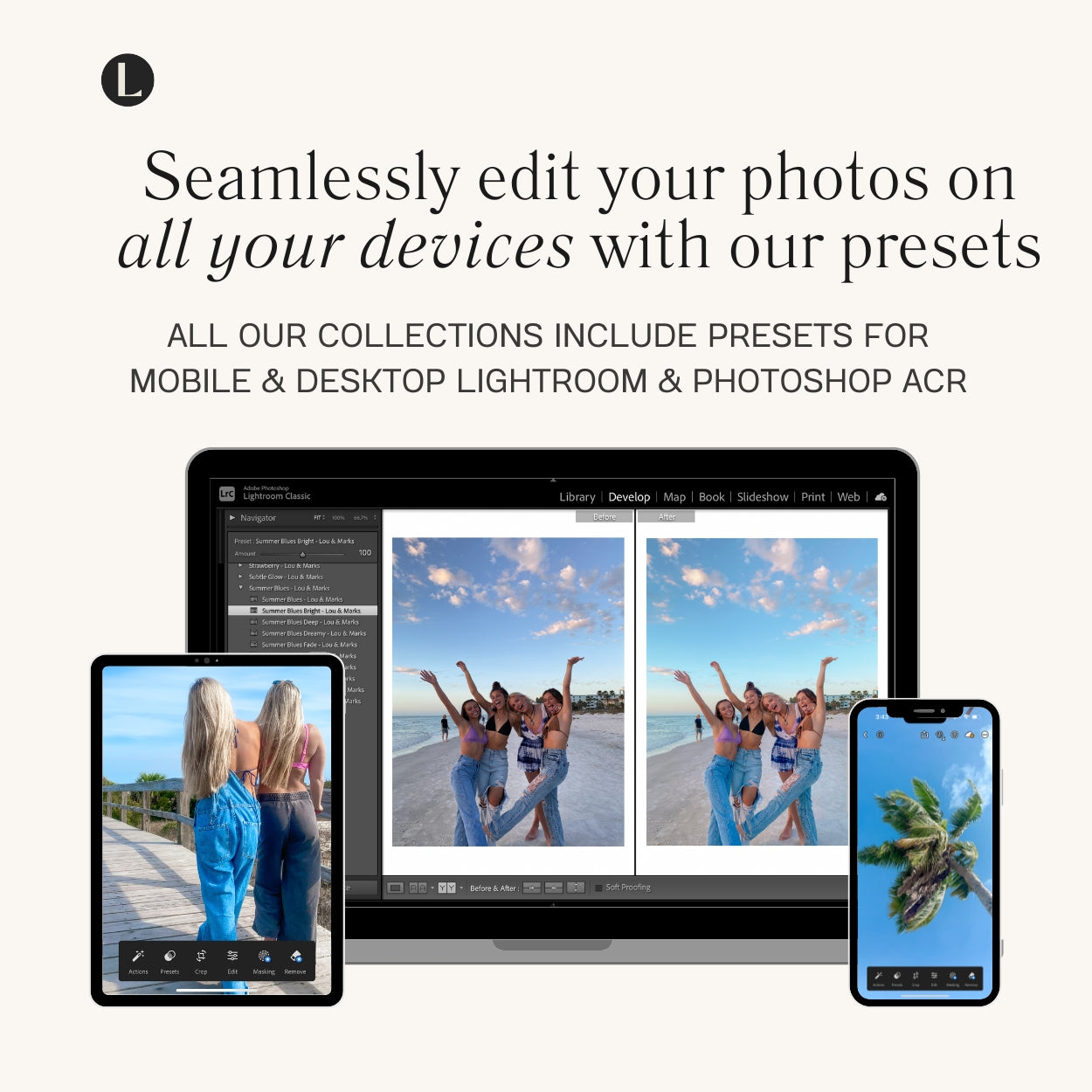 Summer Blues Lightroom Presets For Adobe Photo Editing by Lightroom Mobile and Desktop create trendy film photo edits for travel lifestyle and Instagram by Lou Marks Presets