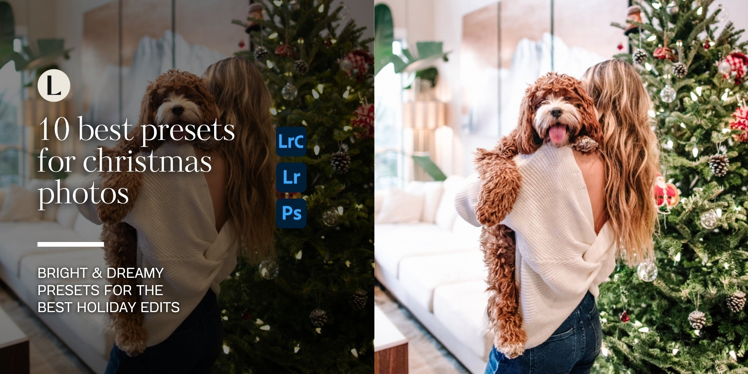 Christmas Lightroom Presets for warm, glowing holiday photos with cozy tones and festive lights by Lou & Marks Presets.