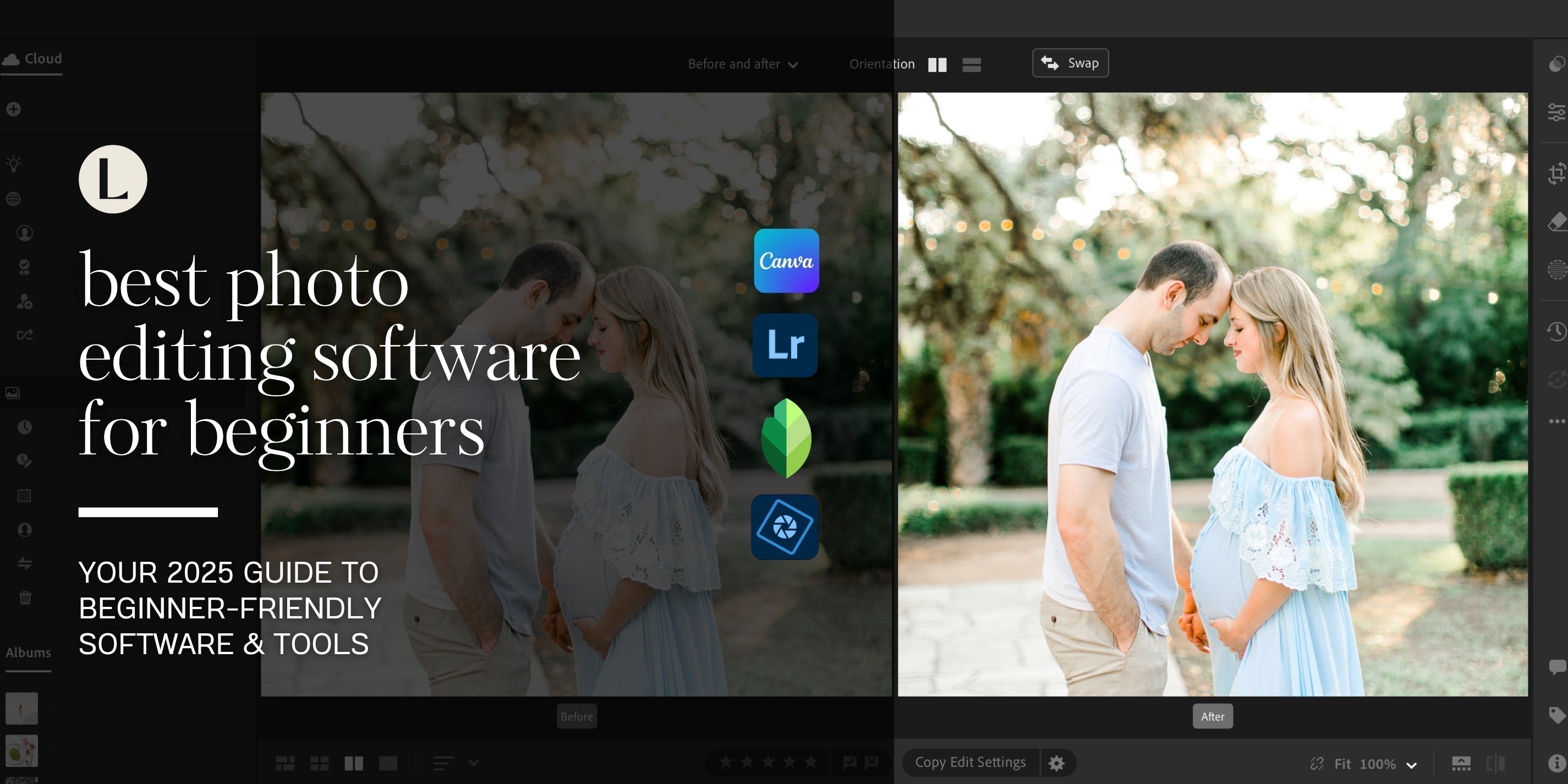 Before and after photo of a couple with Lightroom editing results, showing Canva, Lightroom, Snapseed, and Photoshop Elements icons – Best Photo Editing Software for Beginners 2025 Guide.