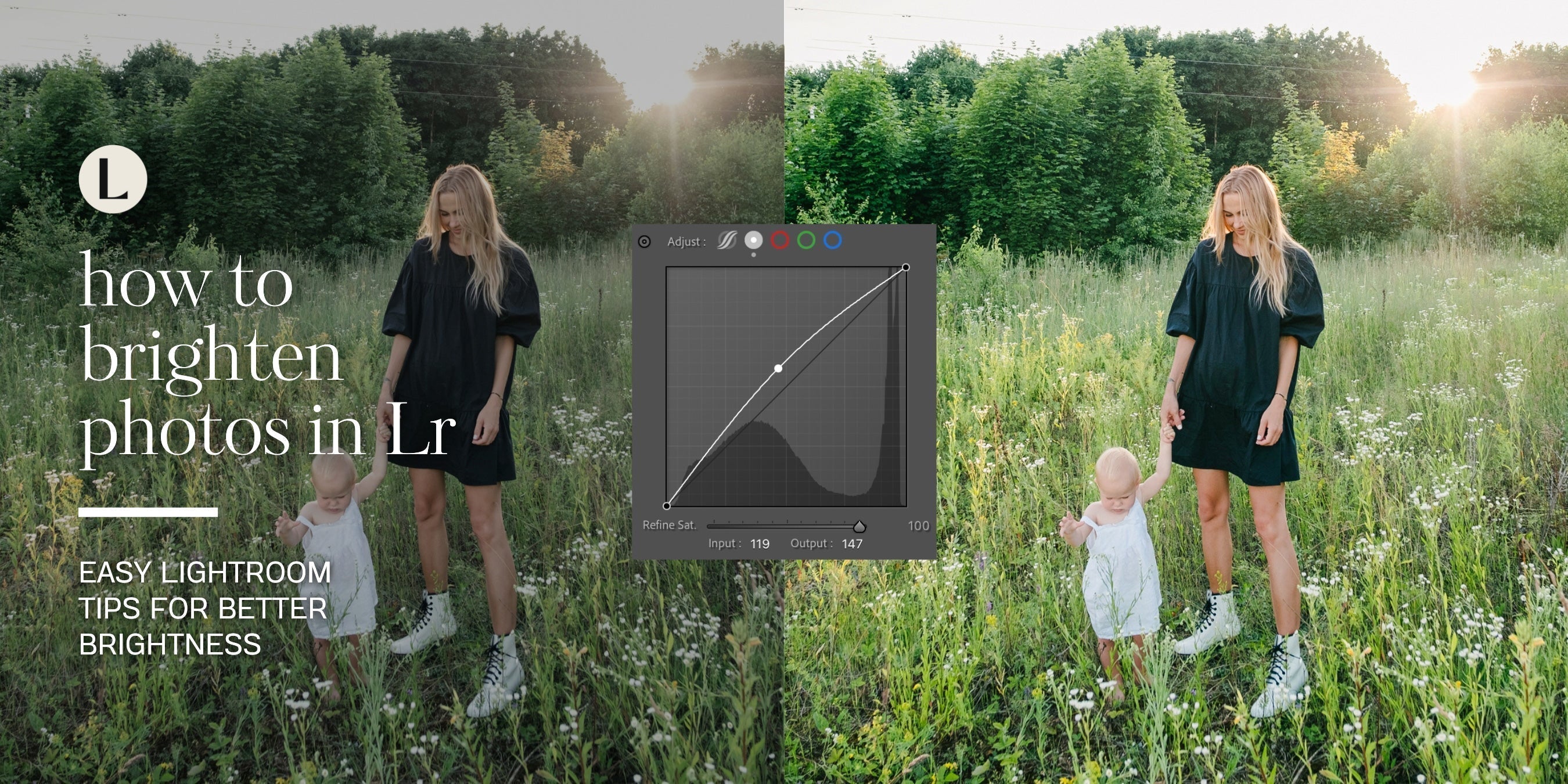 how to brighten photos in Lightroom before and after by lou and marks presets