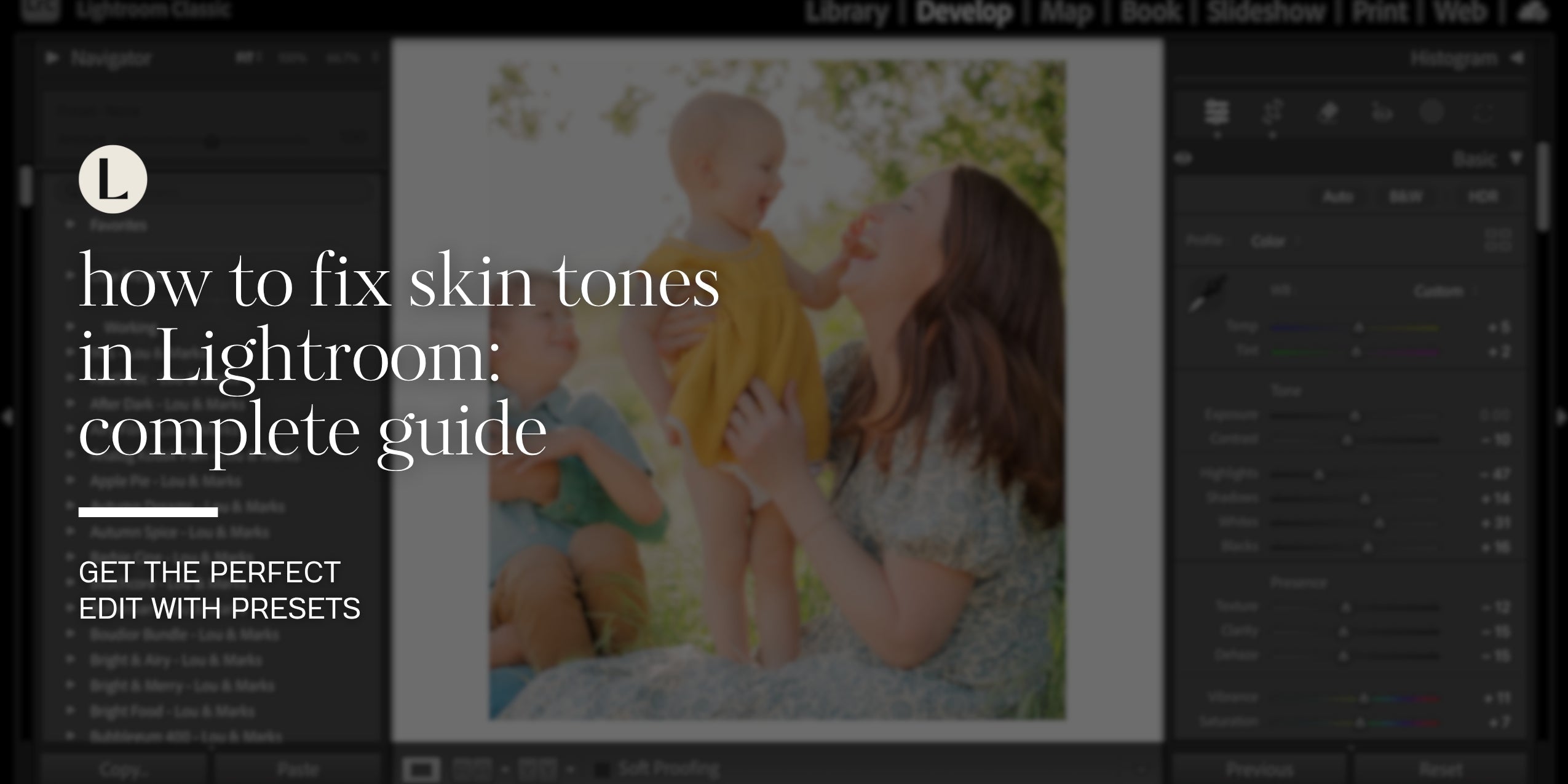 Mother and children outdoors with natural light, used for blog post about fixing skin tones in Lightroom with presets.