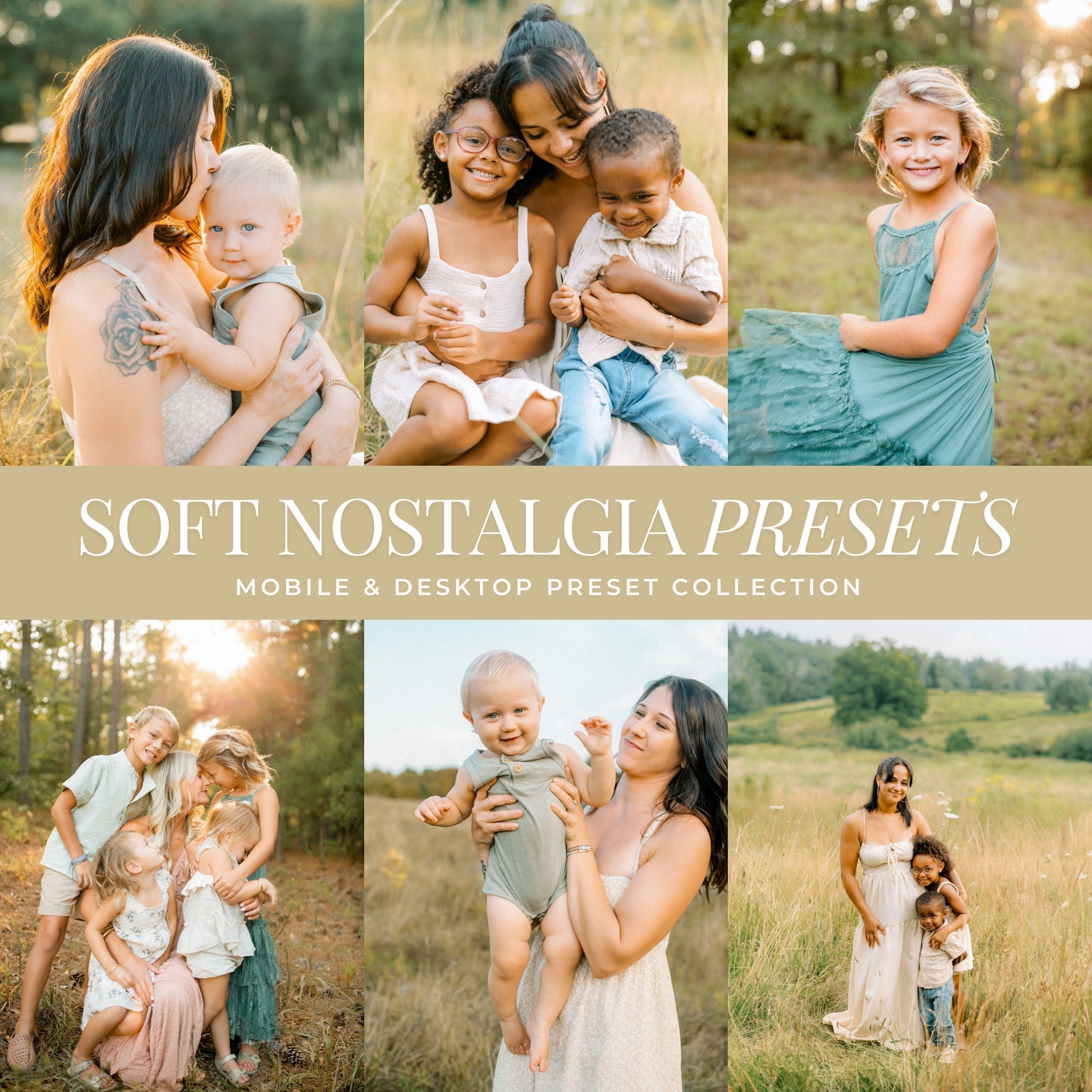 Soft nostalgia film Lightroom preset applied to family photo with warm tones and dreamy light by Lou & Marks Presets