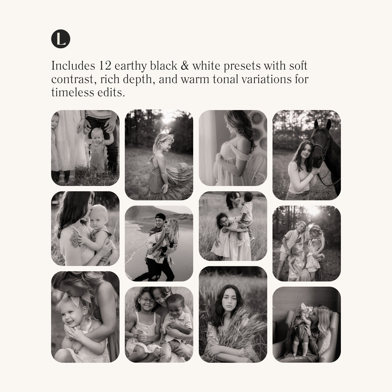 Earthy black and white Lightroom presets for mobile and desktop with natural film-style editing 12 included