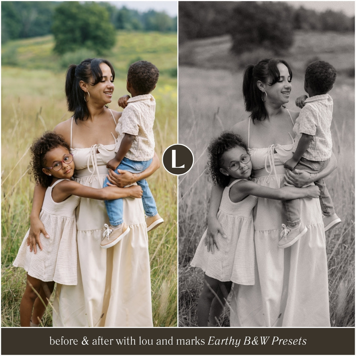 Black and white Lightroom preset with warm tones and soft film-style finish on indoor photo