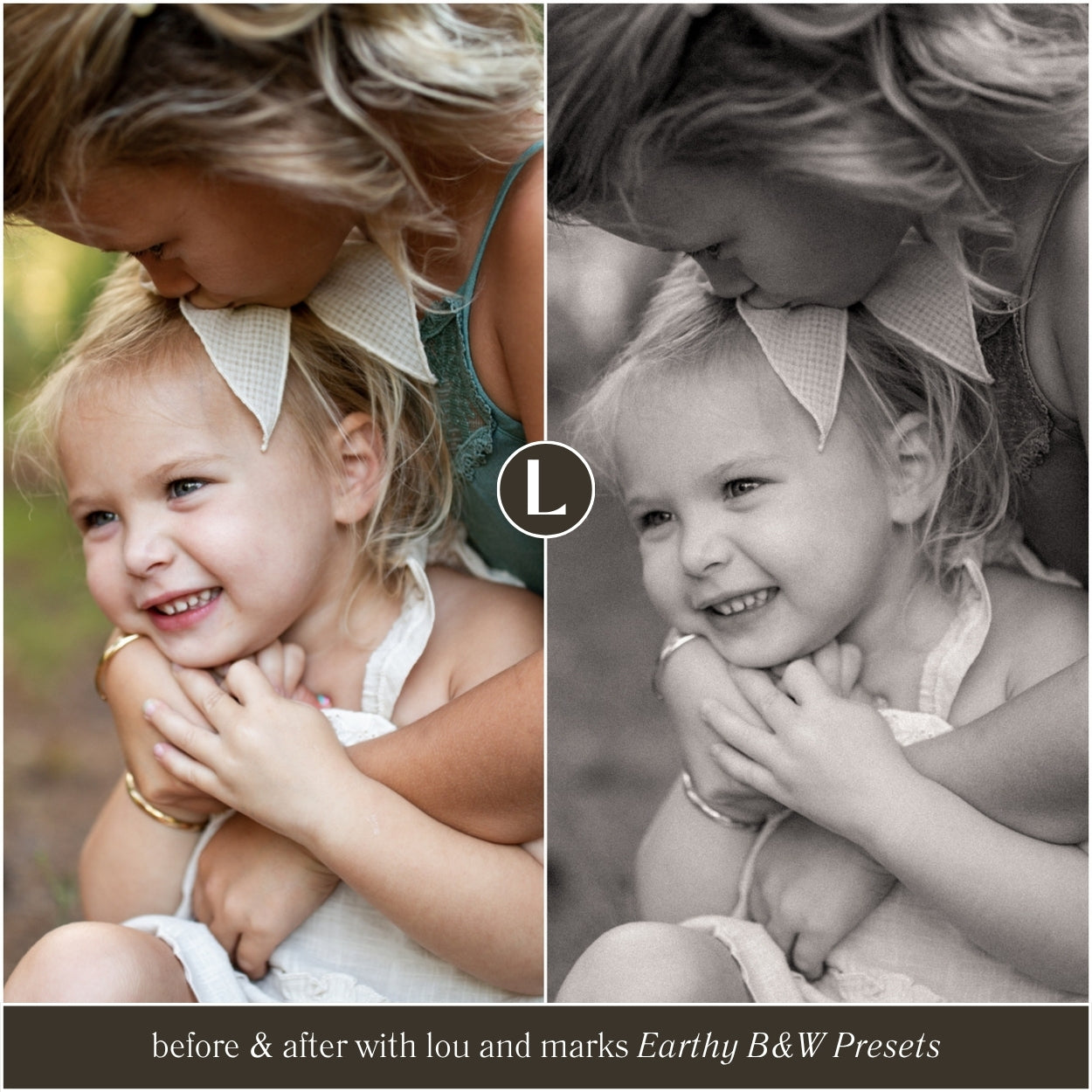 Before and after using earthy black and white Lightroom presets with natural contrast and tone
