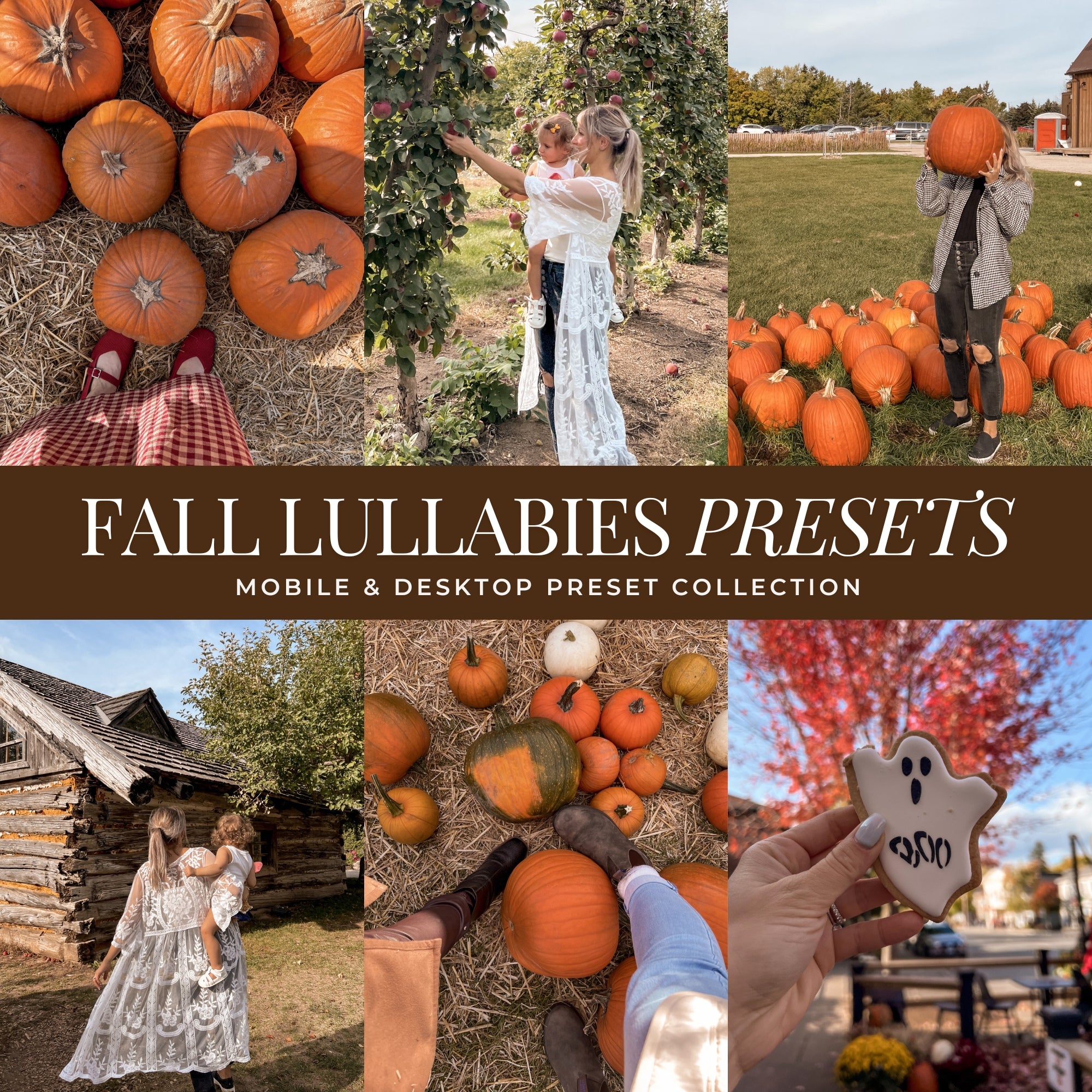 Collage of images with pumpkins and people, featuring the text 'Fall Lullabies Presets' on a brown banner.