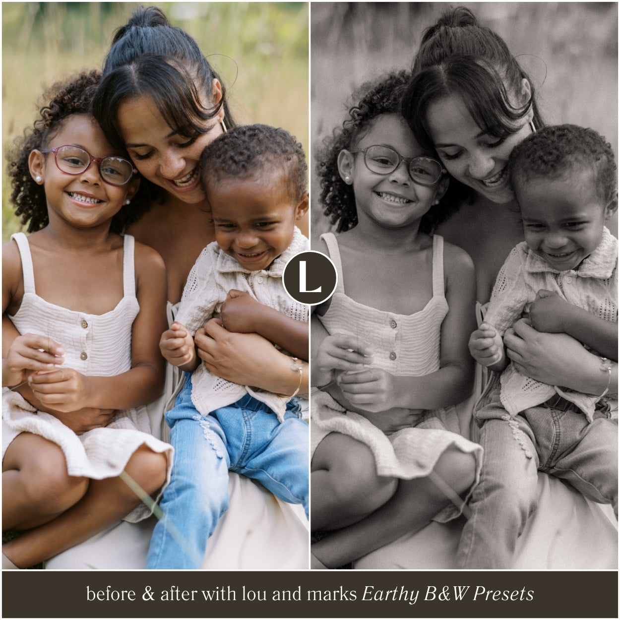 Warm black and white film Lightroom preset creating soft depth and clean highlights on portrait