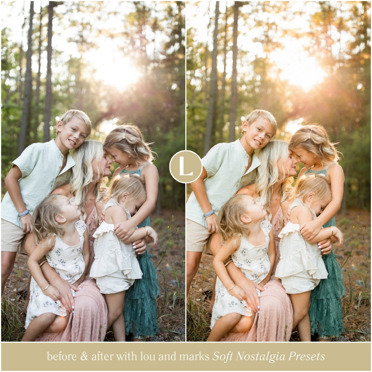 Before and after using soft nostalgia Lightroom presets on family portrait with warm glow