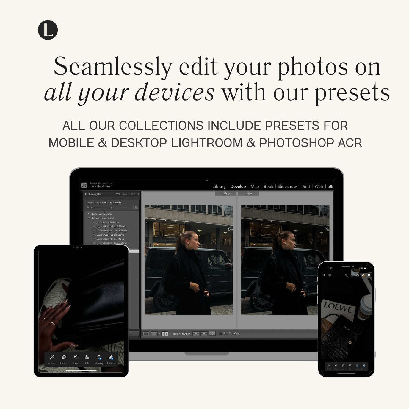 Mobile & Desktop Black Lightroom Presets for photographer and Instagram influencer photo editing in Adobe Lightroom by Lou And Marks Presets