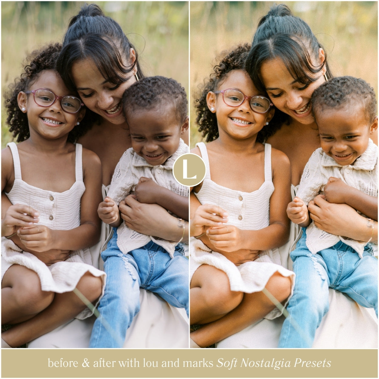 Warm film Lightroom preset creating soft, nostalgic tones on outdoor family photo