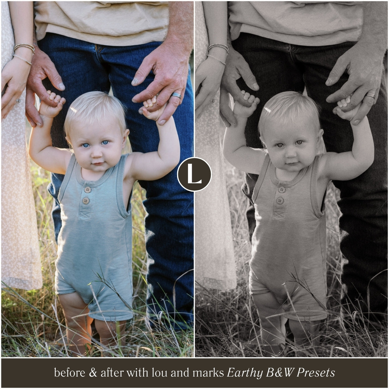 Earthy black and white Lightroom presets for mobile and desktop with natural film-style editing for family photos and photographers