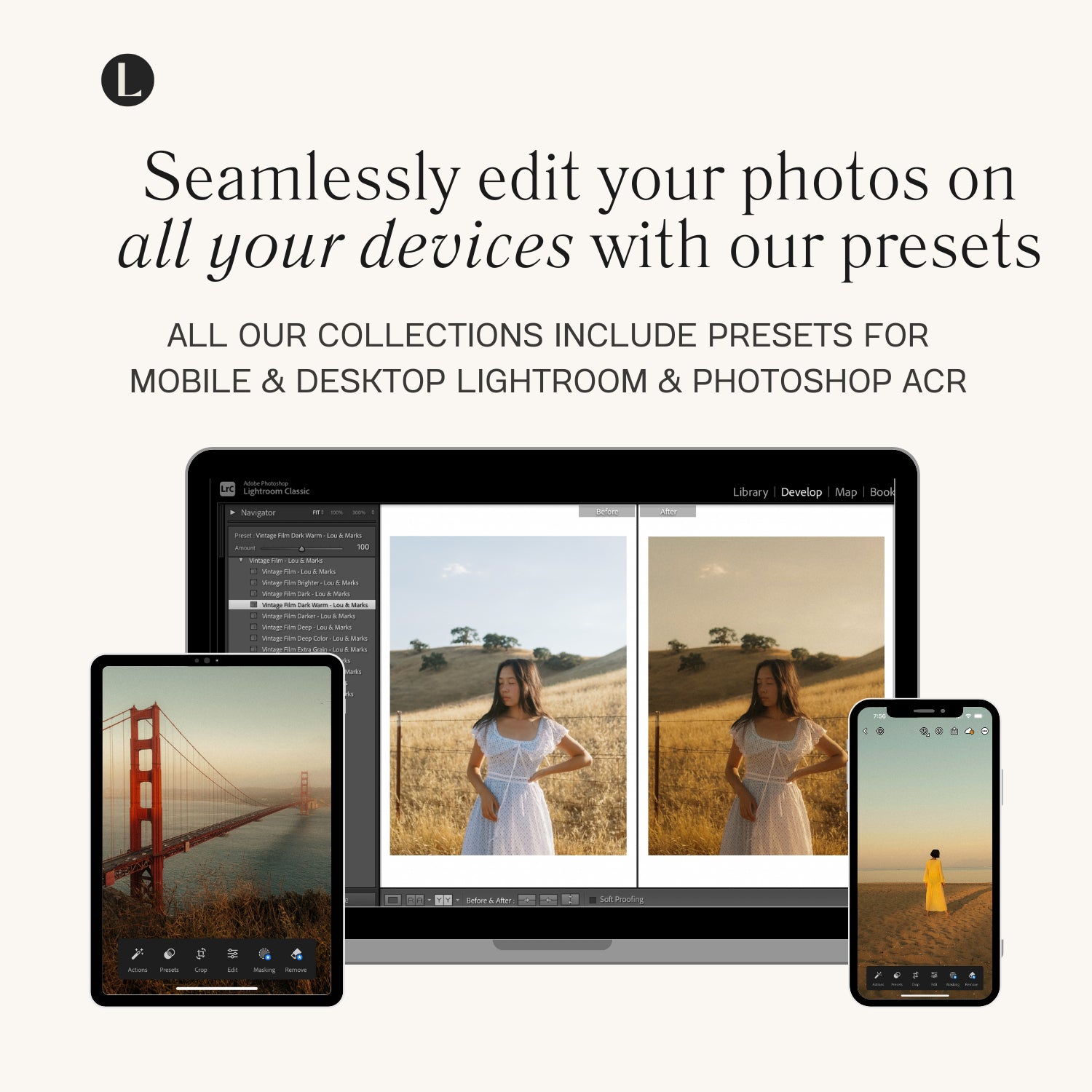 Mobile & Desktop Vintage Film Lightroom Presets for photographer and Instagram influencer photo editing in Adobe Lightroom by Lou And Marks Presets