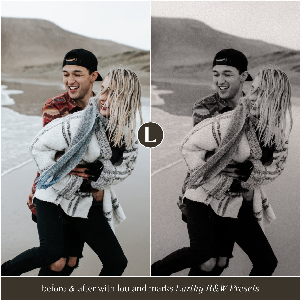 Earthy black and white Lightroom presets for mobile and desktop with natural film-style editing for photographers